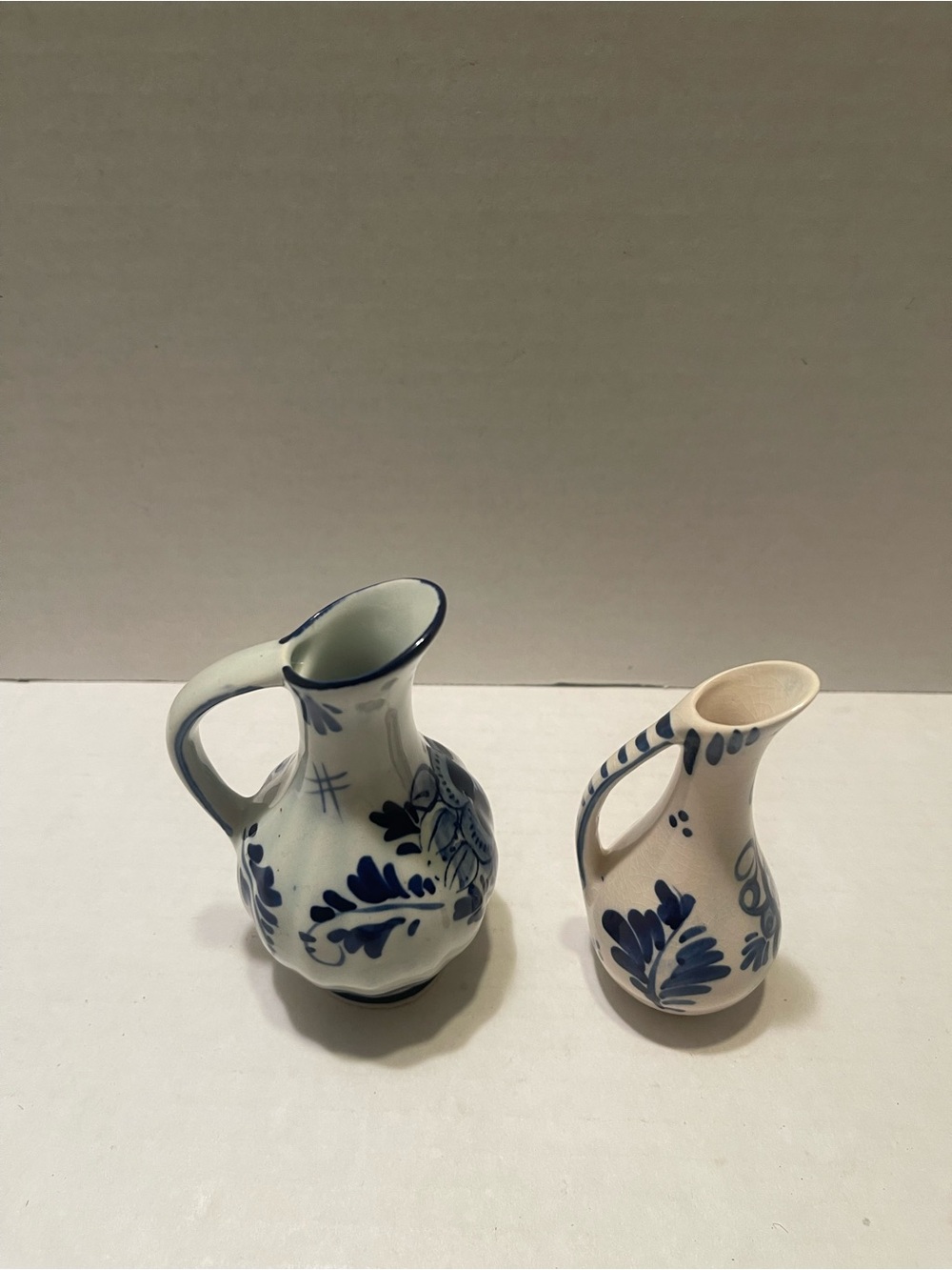 Vintage 2 Mini Delft Blue and White Floral Ceramic Pitcher Vase
